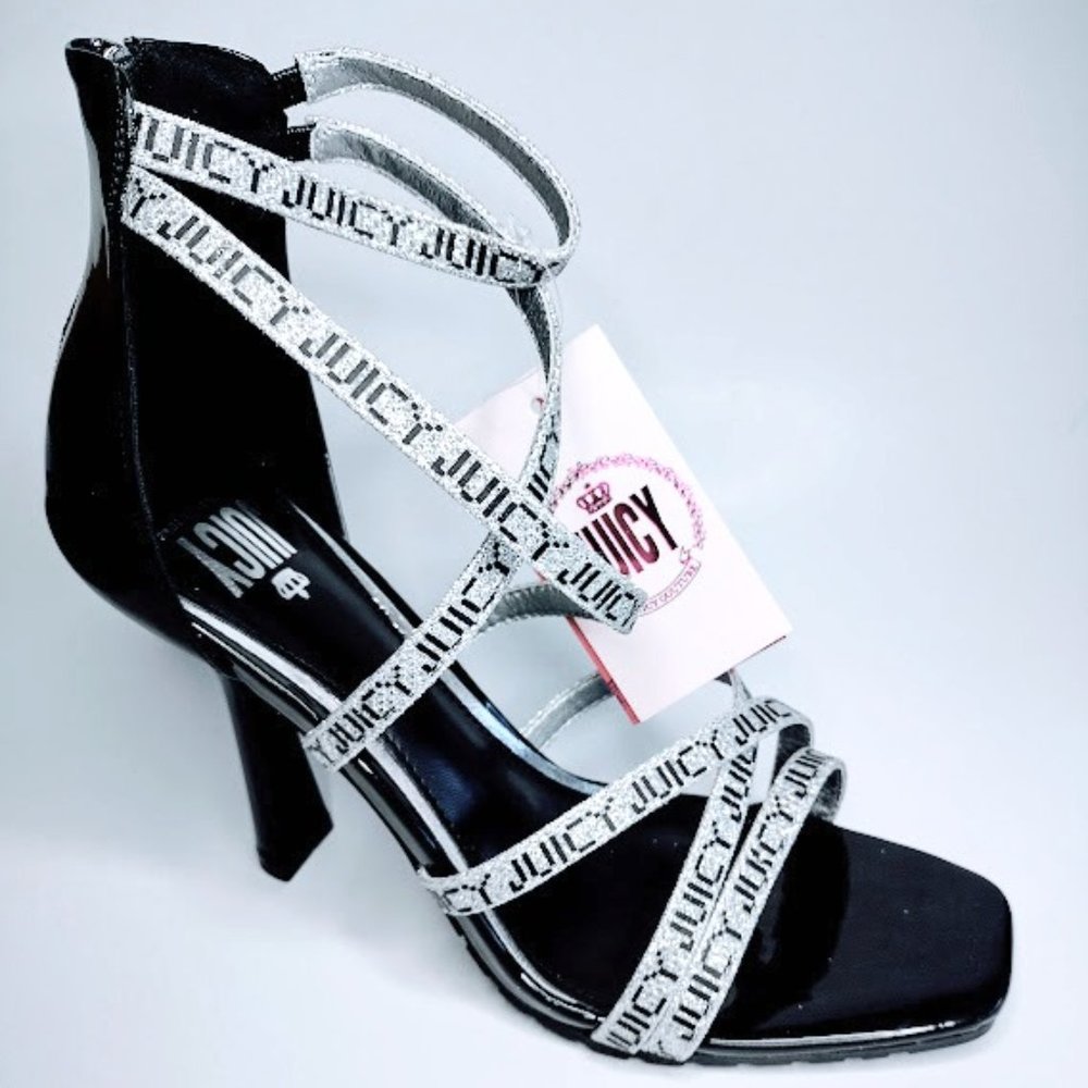New Juicy Couture Silver Black Stiletto High Heel Sandals